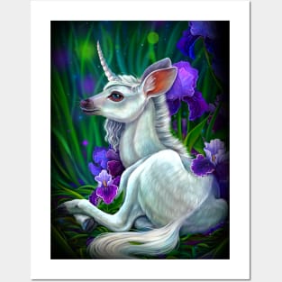 Baby unicorn in irises Posters and Art